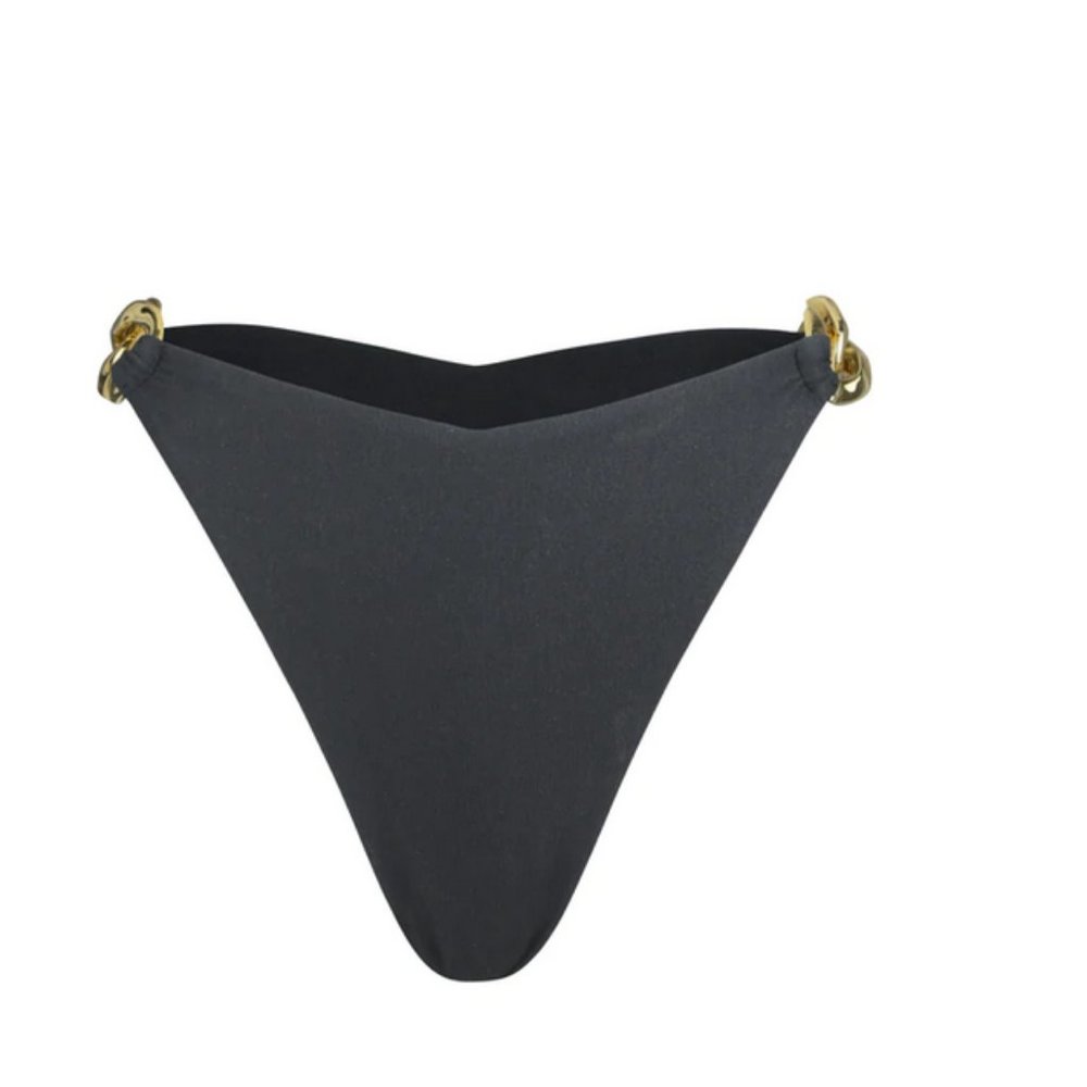 SAME LOS ANGELES FAUX BLACK SUEDE HIGH RISE BIKINI BOTTOM WITH GOLD CHAIN